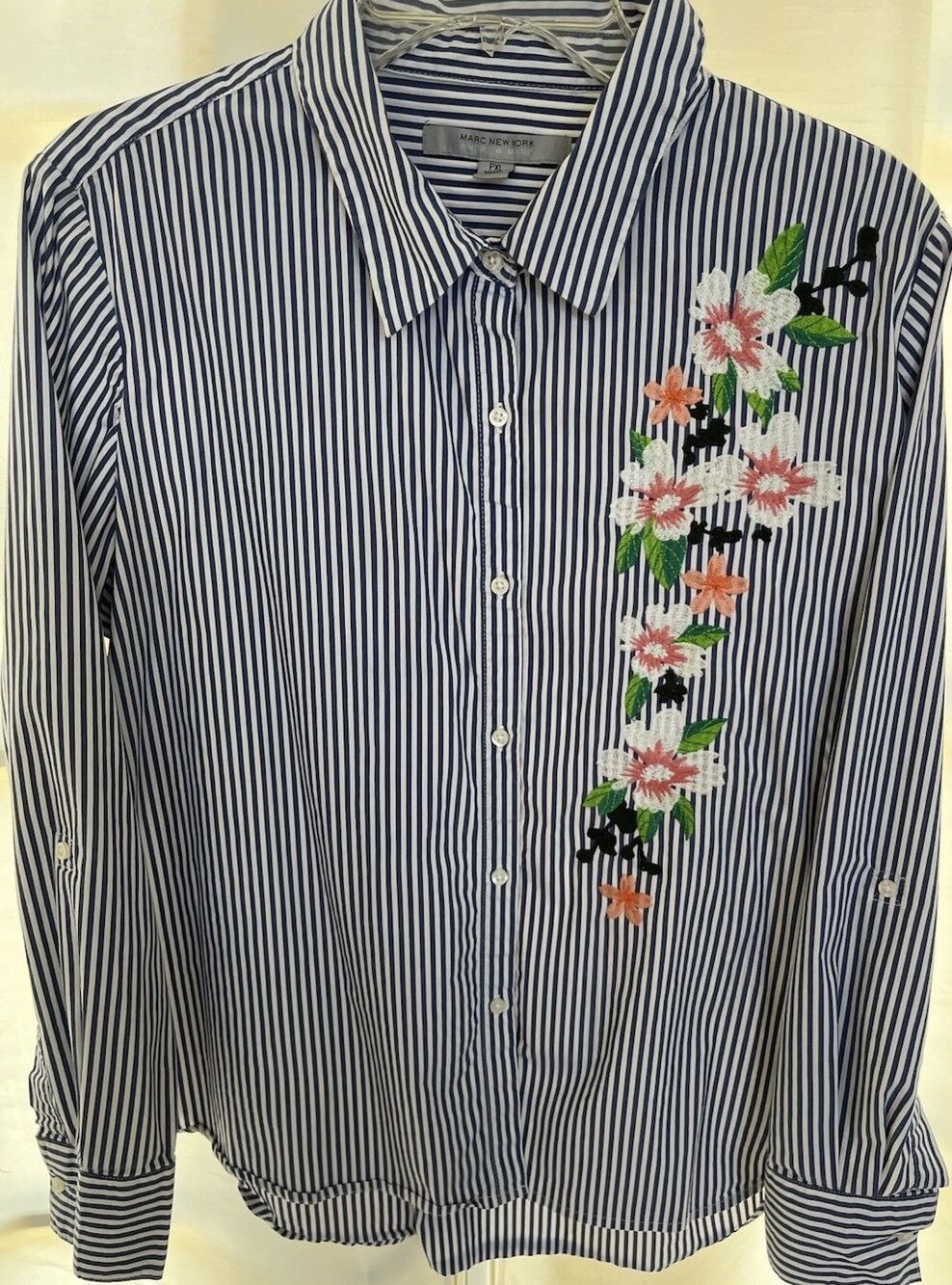 Marc New York Striped Floral Embroidery Womens Blouse PXL Blue White Long Sleeve
